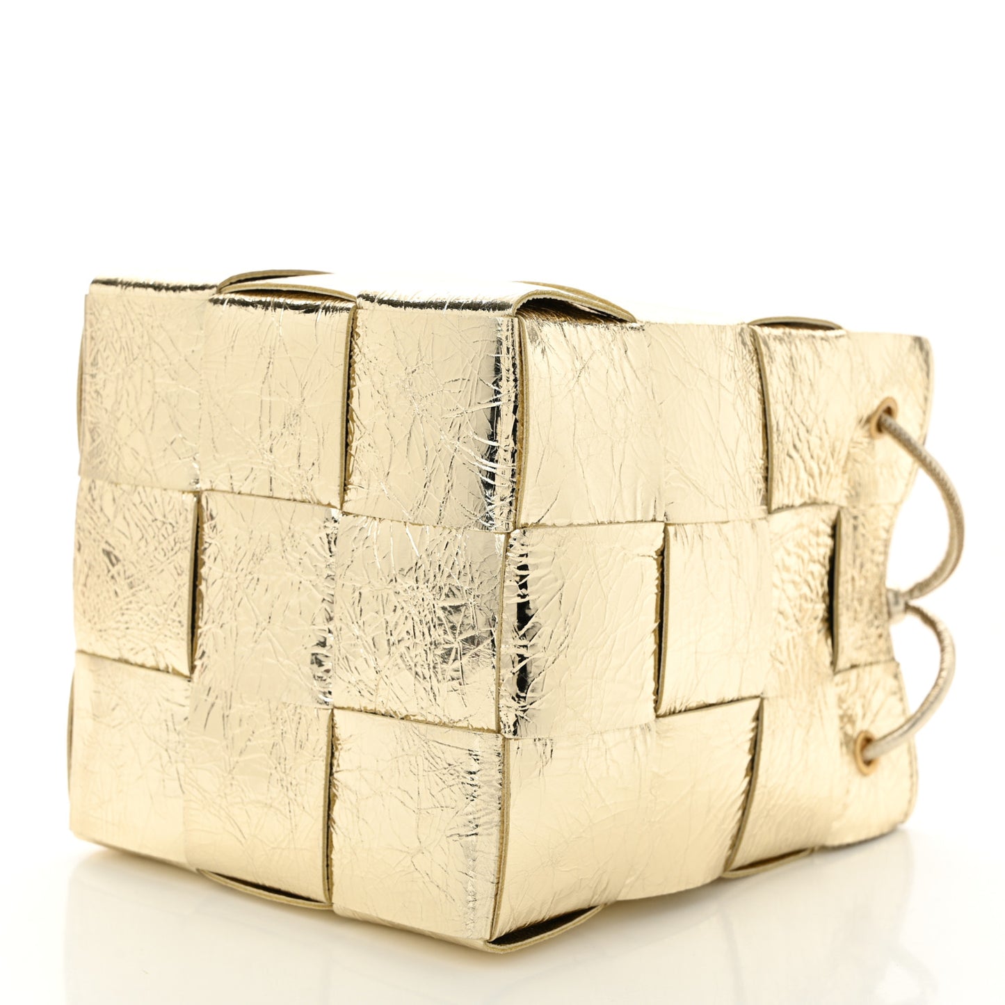 Metallic Crushed Nappa Maxi Intrecciato Small Cassette Bucket Bag Gold
