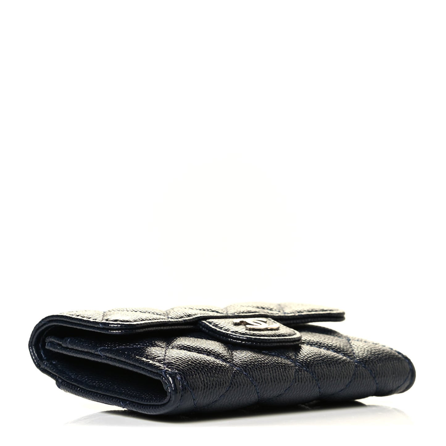 Caviar Quilted Flap Card Holder Wallet Navy Blue