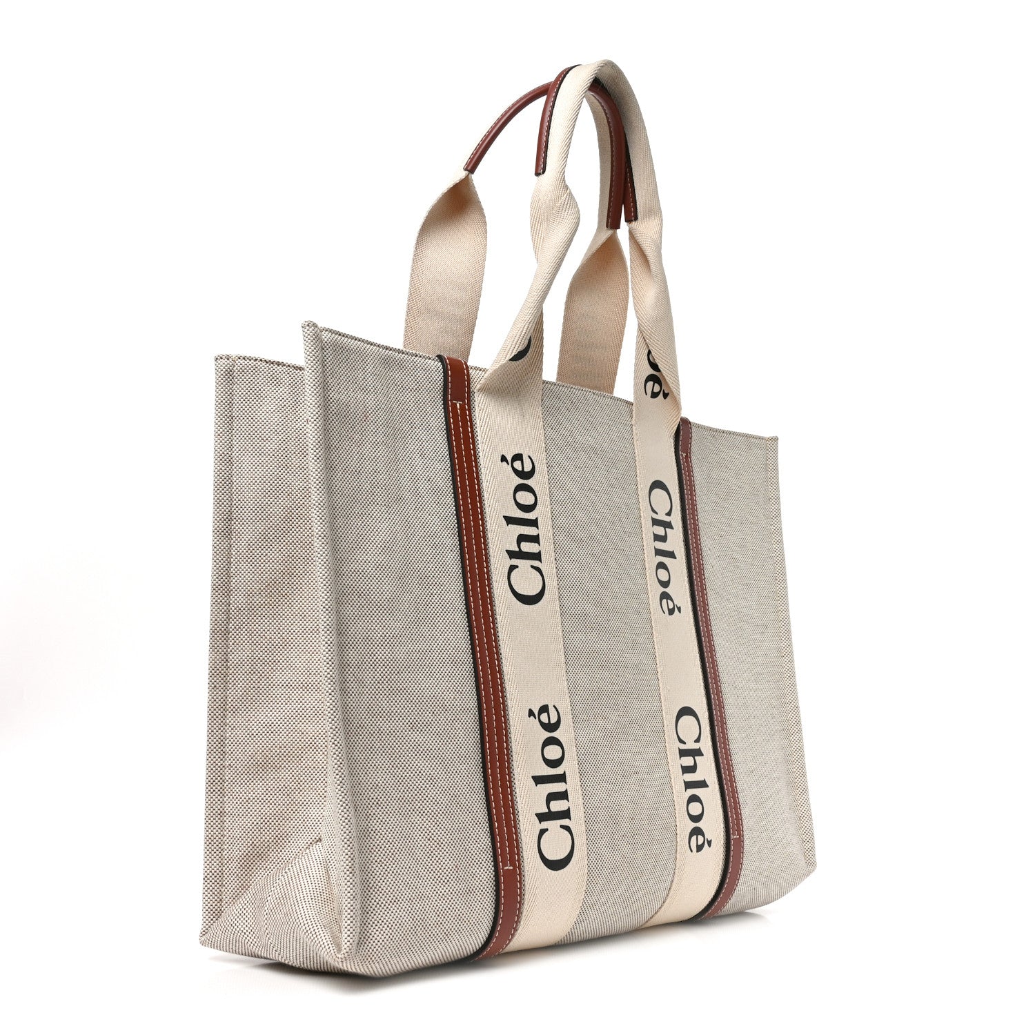 Chloe Cotton Calfskin Large Woody Ribbon Tote White Brown 3 of 9