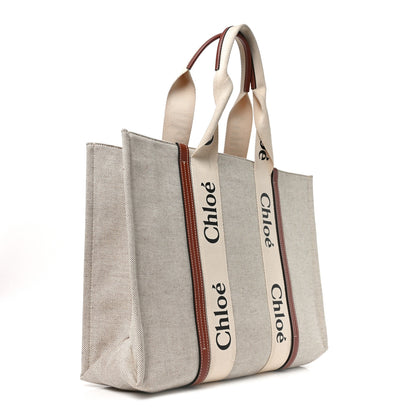 Chloe Cotton Calfskin Large Woody Ribbon Tote White Brown 3 of 9