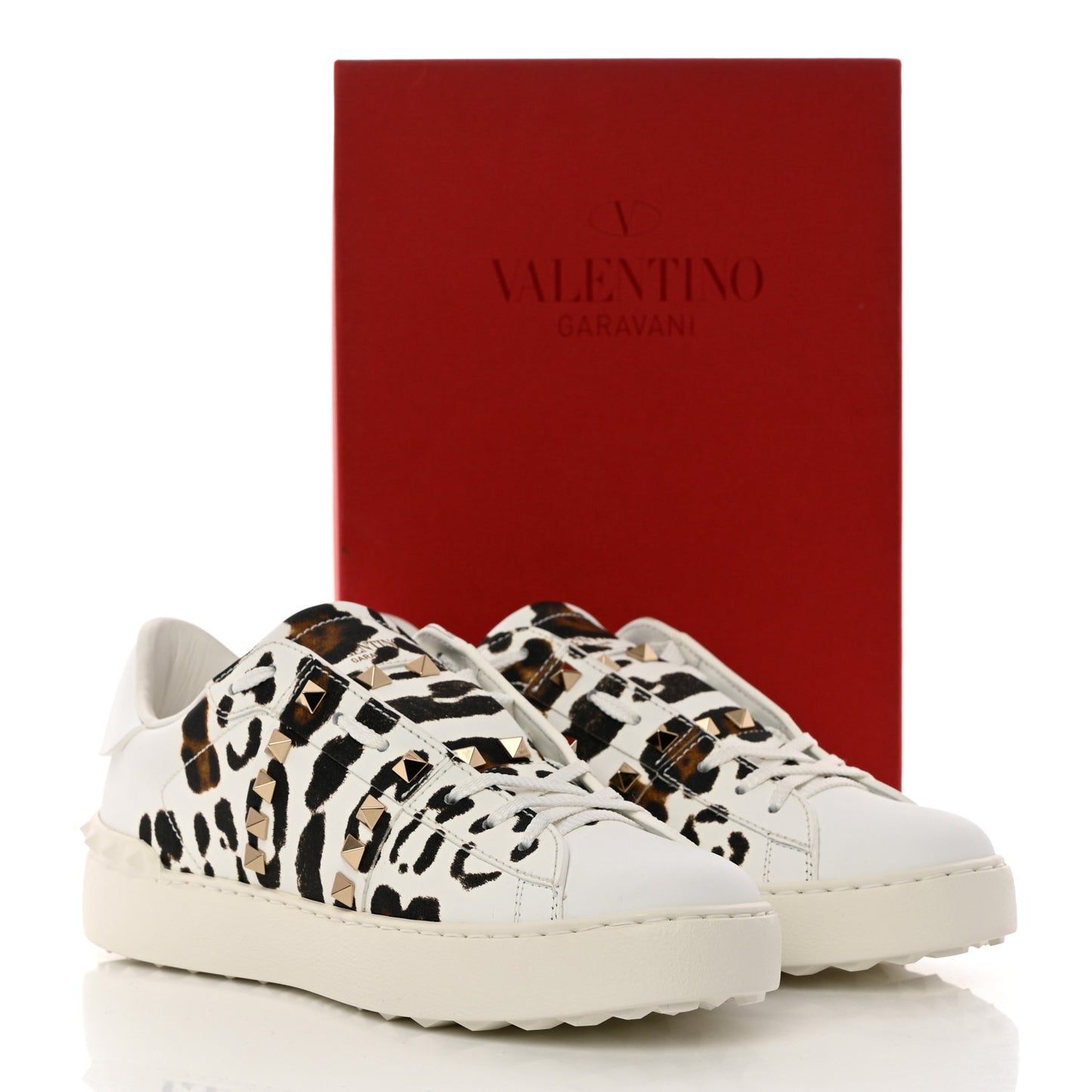 Calfskin Leopard Print Rockstud Untitled Open Sneakers 39 White