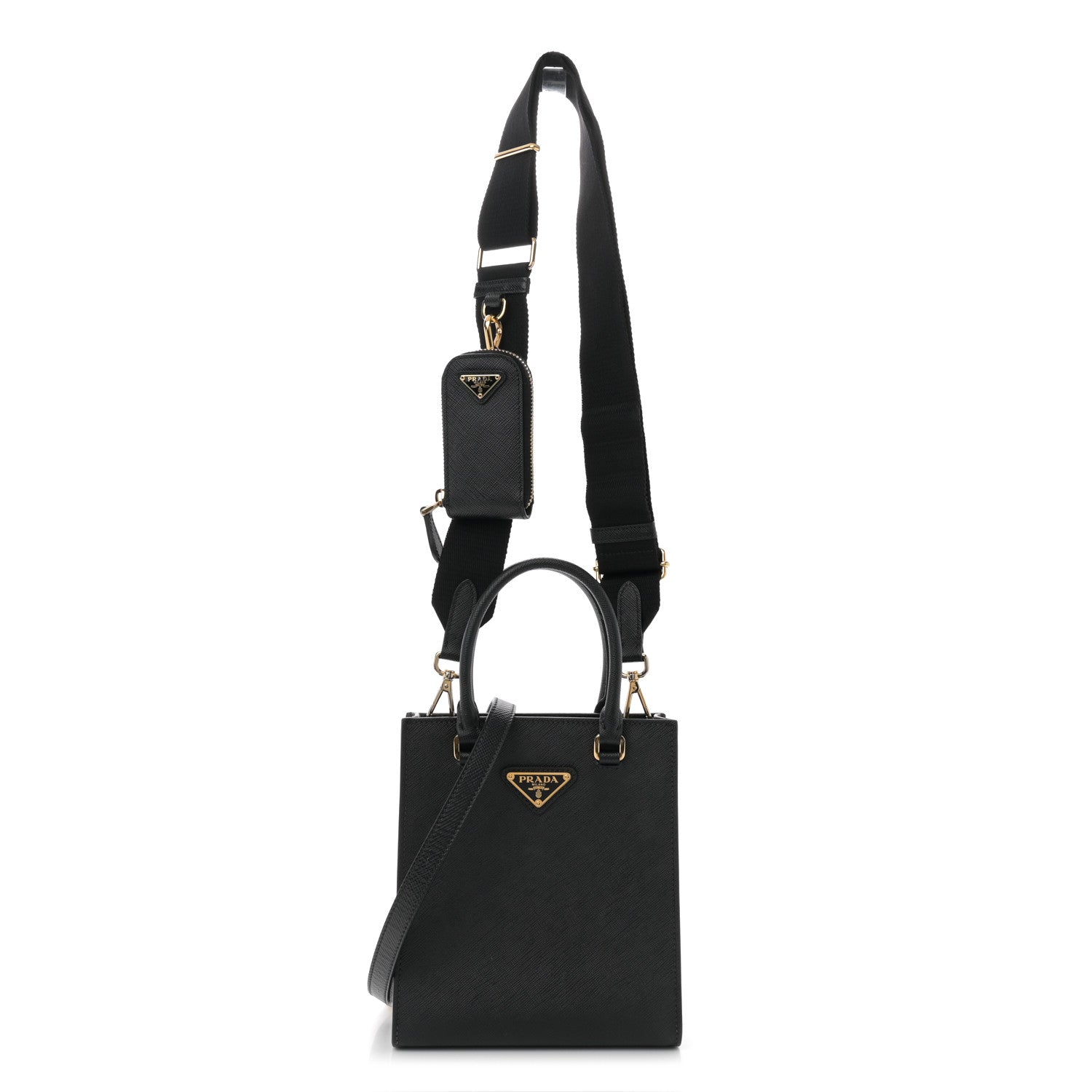 Prada Saffiano Lux Triangle Small Double Handle Crossbody Tote Black 1 of 10