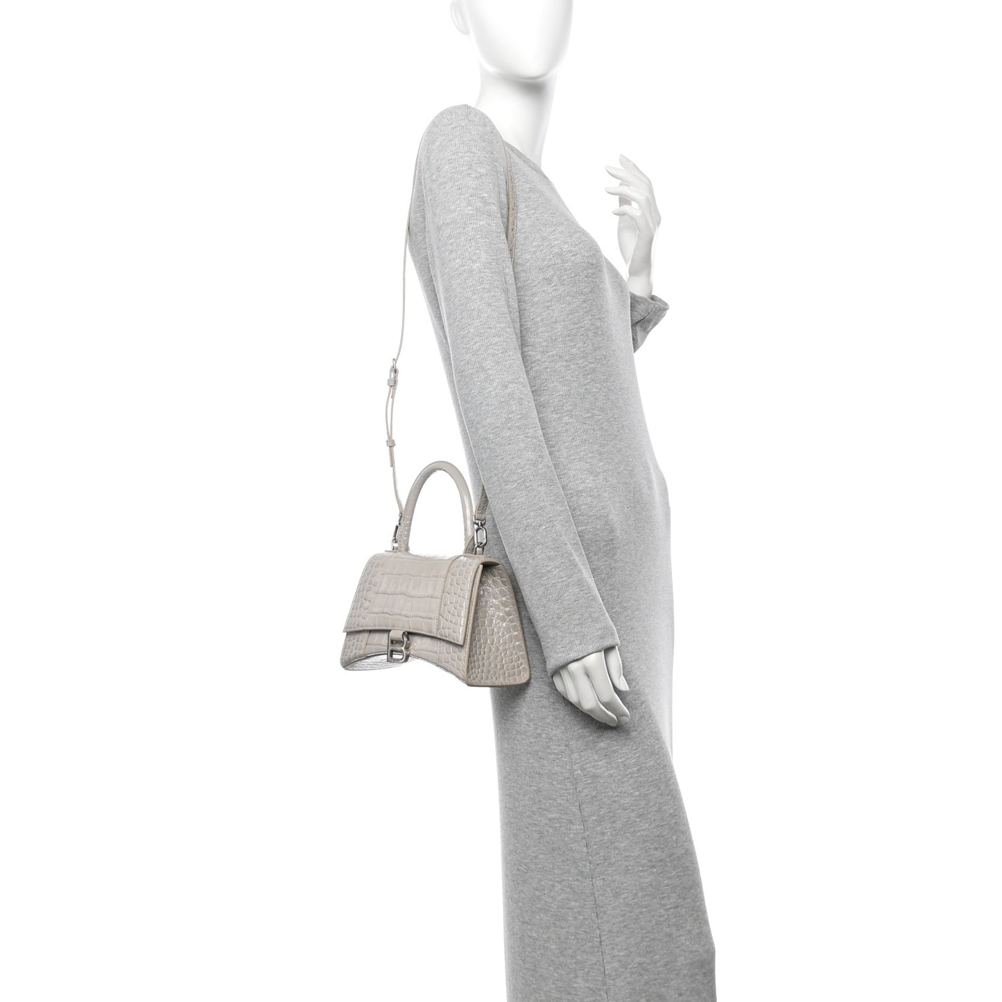 Shiny Calfskin Crocodile Embossed Small Hourglass Top Handle Bag Cold Beige