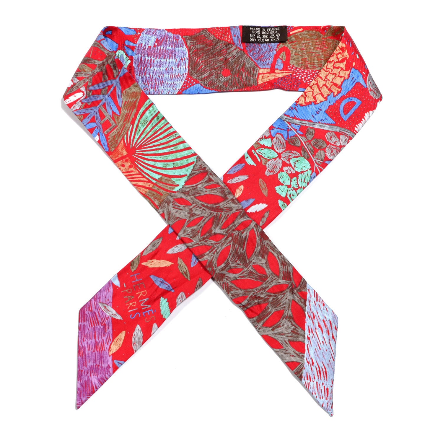 Hermes Silk Chacun Fait Son Nid Twilly Rouge Bleu Violet 1 of 4