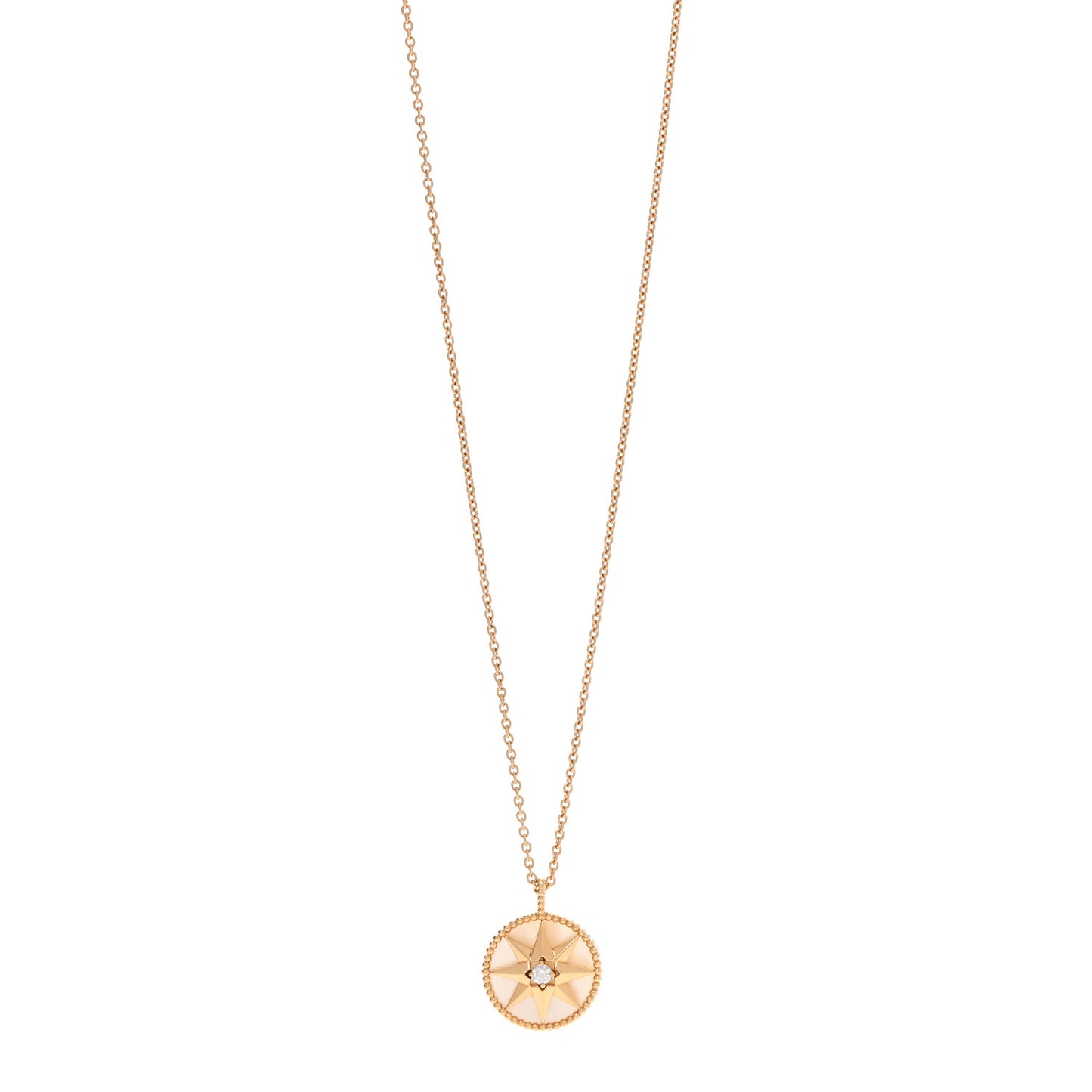 18K Yellow Gold Diamond Mother of Pearl Rose Des Vents Medallion Necklace