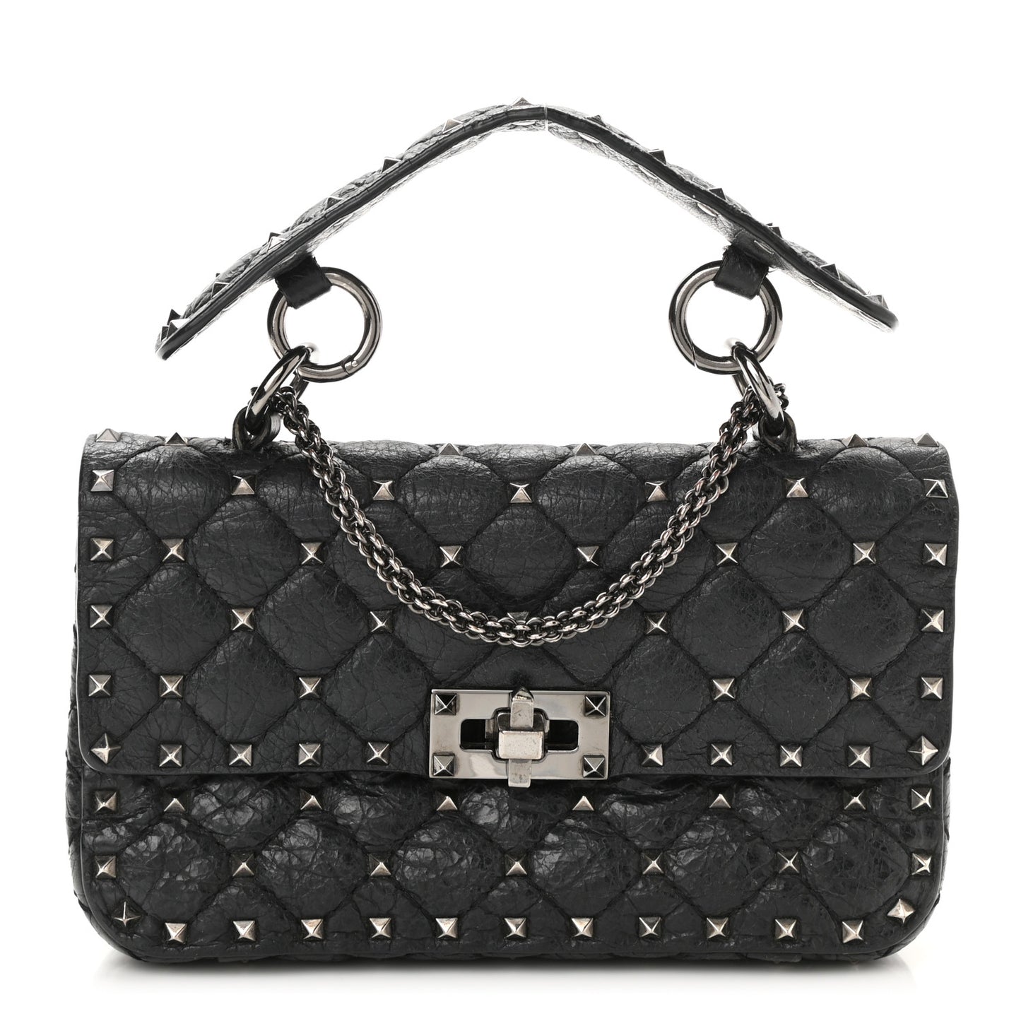 Craquele Nappa Small Rockstud Spike Shoulder Bag Black