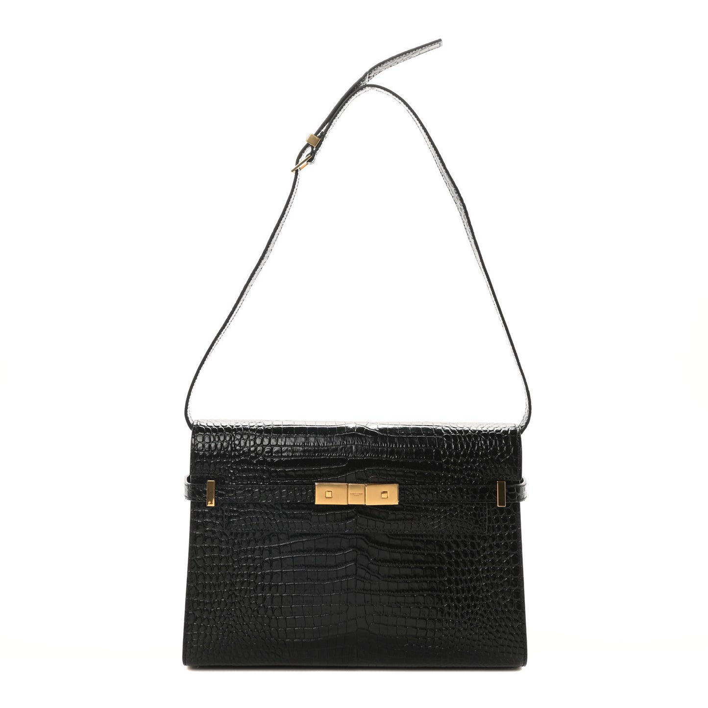 Shiny Calfskin Crocodile Embossed Manhattan Baguette Black