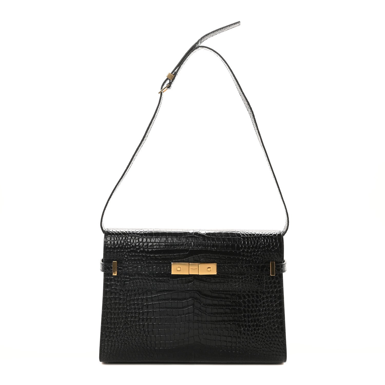 Saint Laurent Shiny Calfskin Crocodile Embossed Manhattan Baguette Black 1 of 10