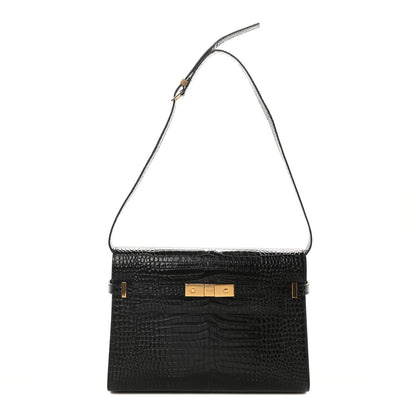 Saint Laurent Shiny Calfskin Crocodile Embossed Manhattan Baguette Black 1 of 10