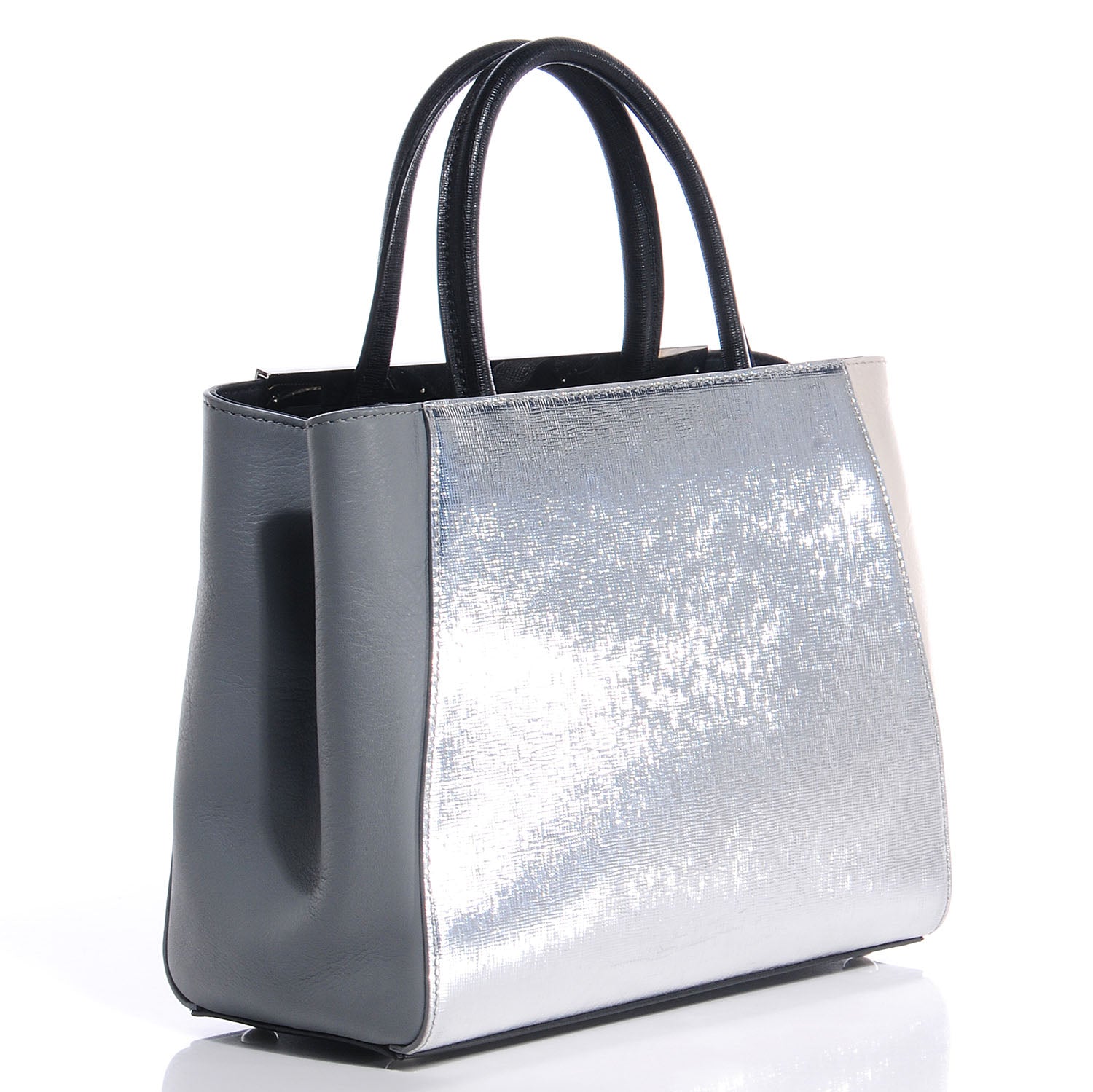 Fendi Vitello Elite Calfskin Colorblock Petite 2Jours Tote Black Multicolor White Argento 3 of 8
