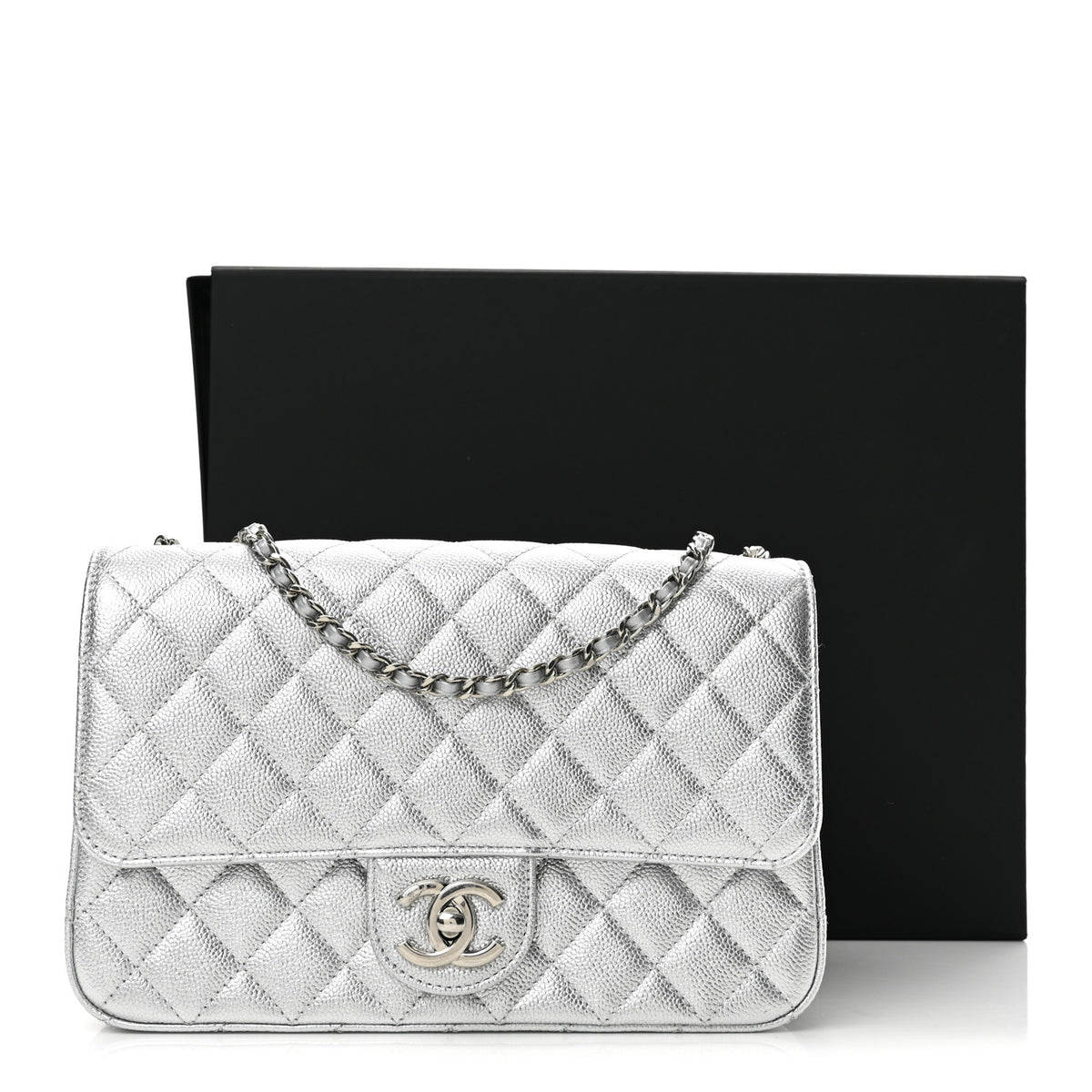 Metallic Caviar Quilted Medium CC Slide Flap Silver