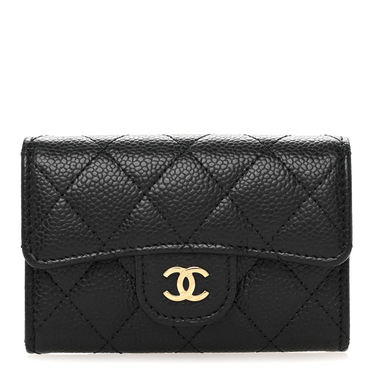 Caviar Quilted Flap Card Holder Wallet Black