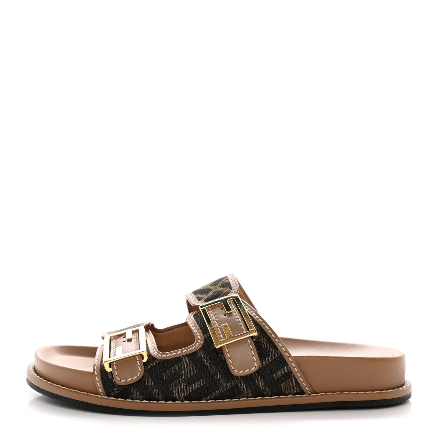 Fabric Jacquard Nappa FF Womens Fendi Feel Buckled Slide Sandals 41 Tobacco Black Miele Scuro