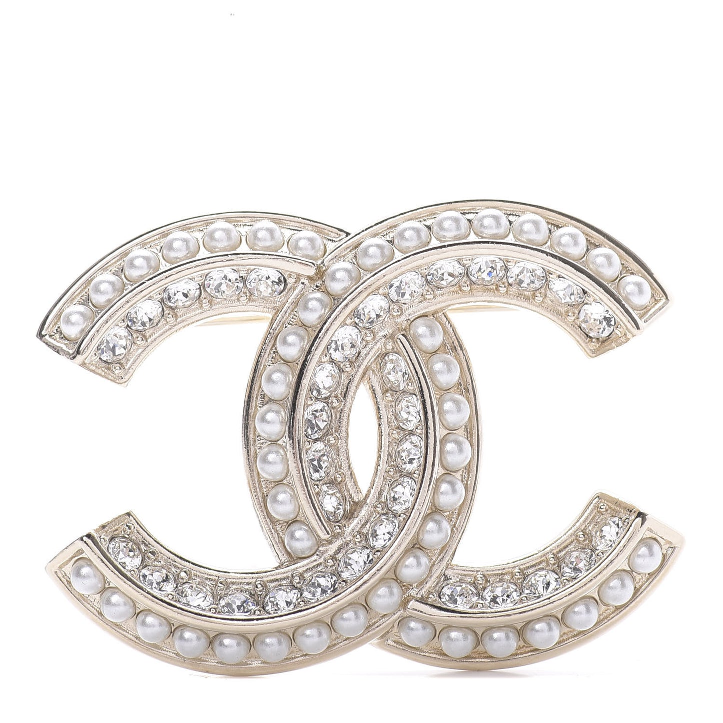 Crystal Pearl Chain Mania CC Brooch Gold