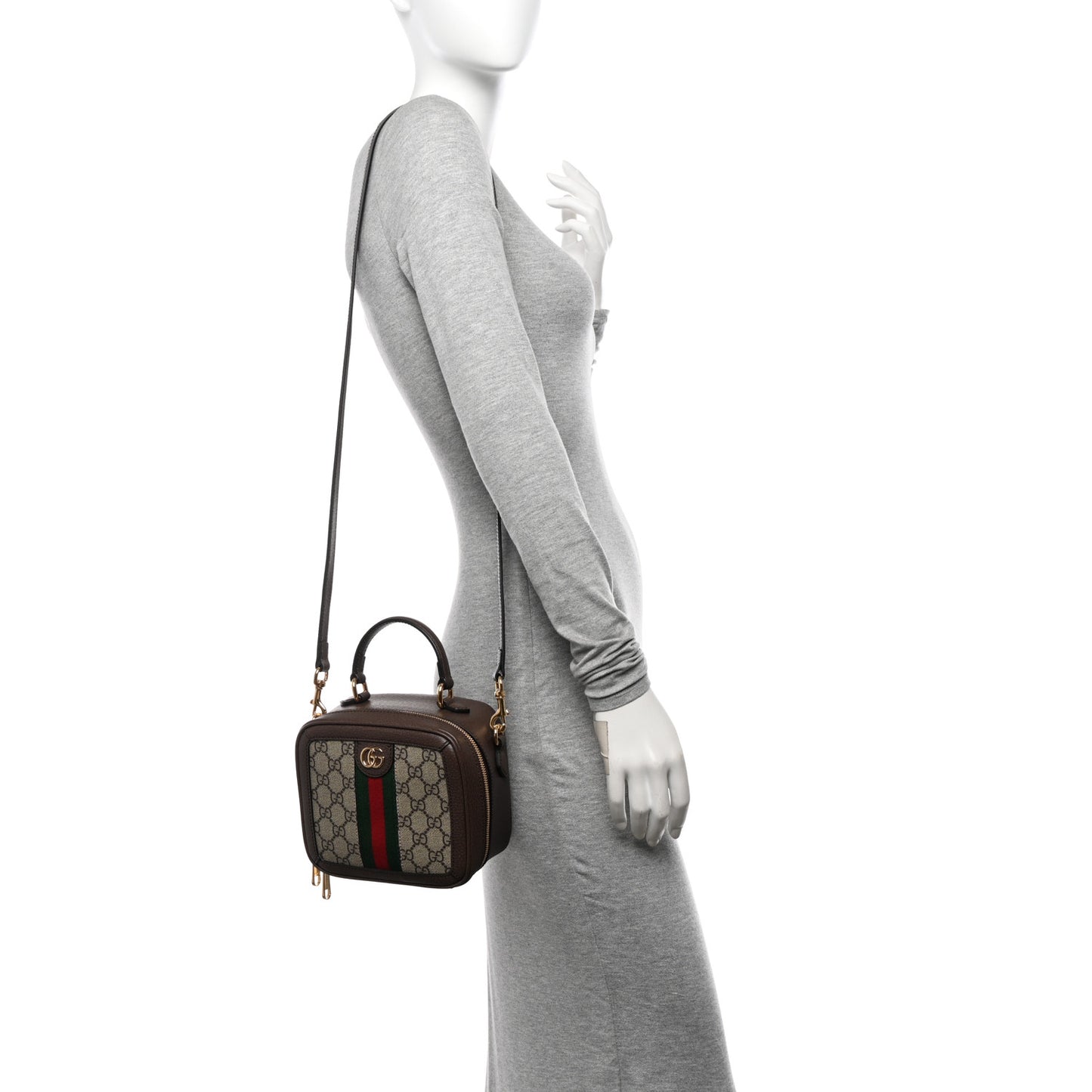 GG Supreme Monogram Textured Dollar Calfskin Mini Ophidia Top Handle Square Shoulder Bag Beige Ebony New Acero