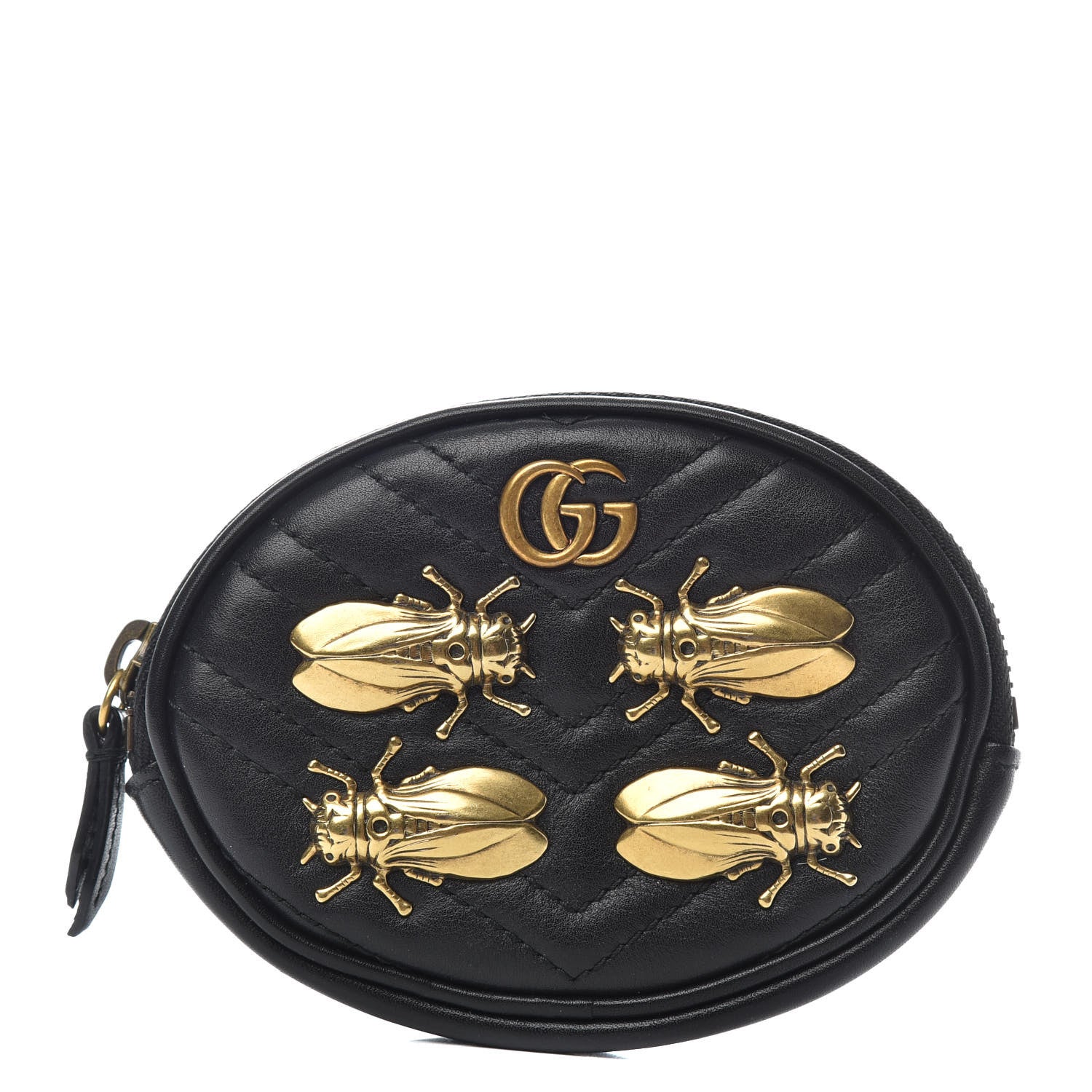 Gucci Calfskin Matelasse Animal Studs GG Marmont Round Wrist Pouch Black 1 of 6