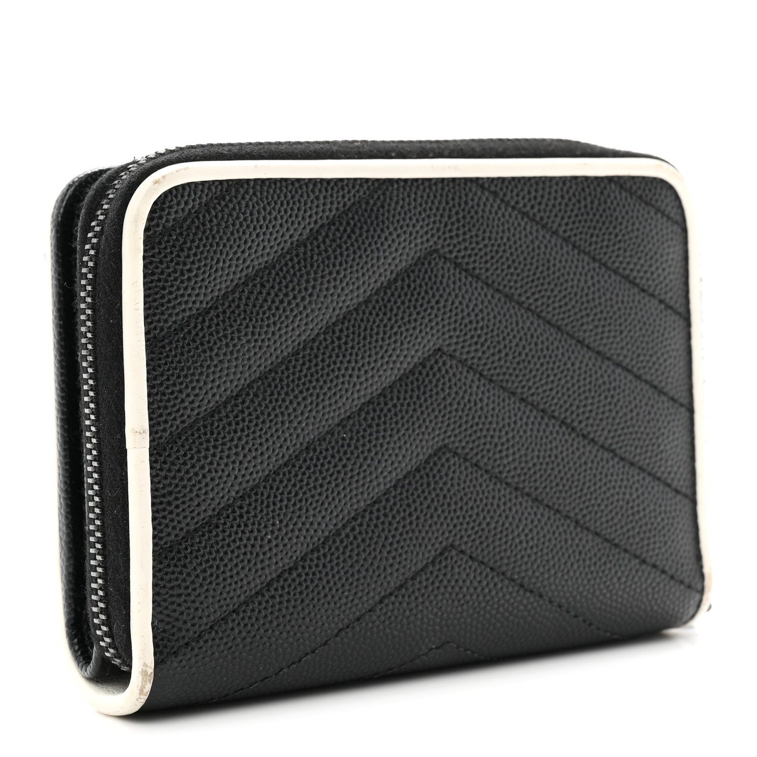 Saint Laurent Grain De Poudre Matelasse Chevron Monogram Compact Zip Around Wallet Black White 3 of 7