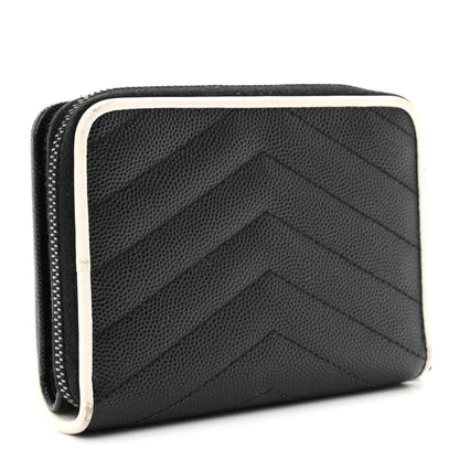 Saint Laurent Grain De Poudre Matelasse Chevron Monogram Compact Zip Around Wallet Black White 3 of 7