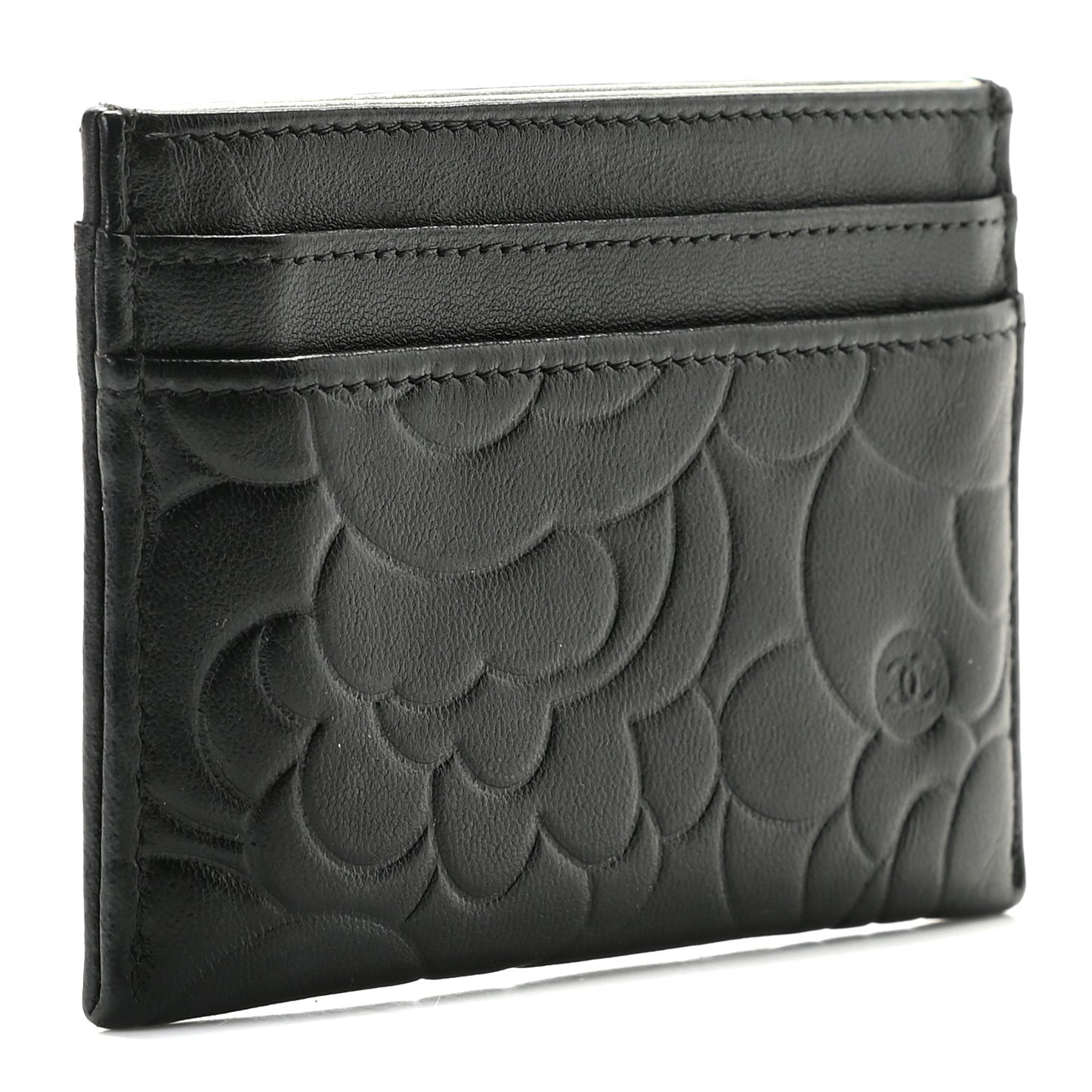 Lambskin Camellia Stitched Card Holder Black