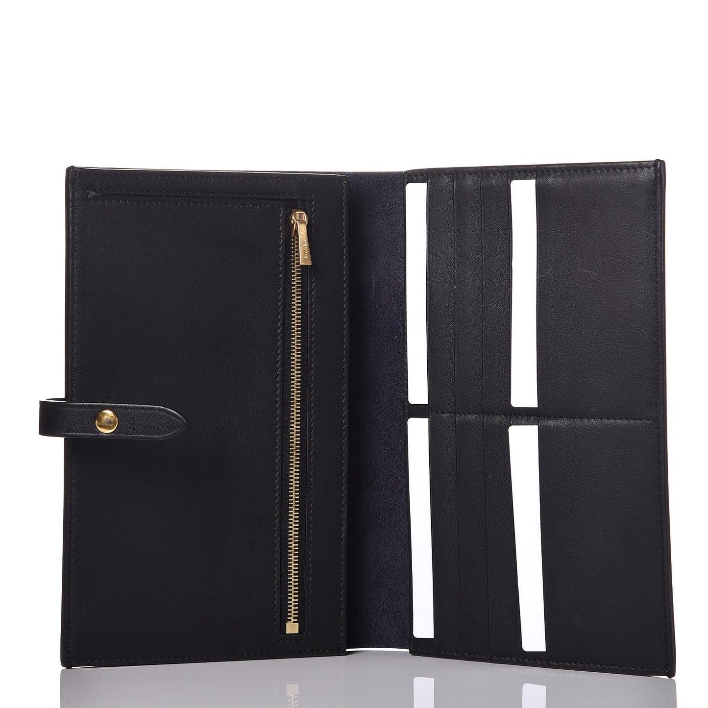 Shiny Smooth Calfskin Large Multifunction V Shape Wallet Navy Black