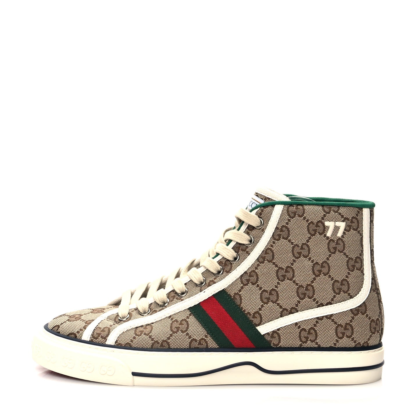 GG Monogram Web Mens 1977 Tennis High Top Sneakers 8 Beige Ebony Mystic White