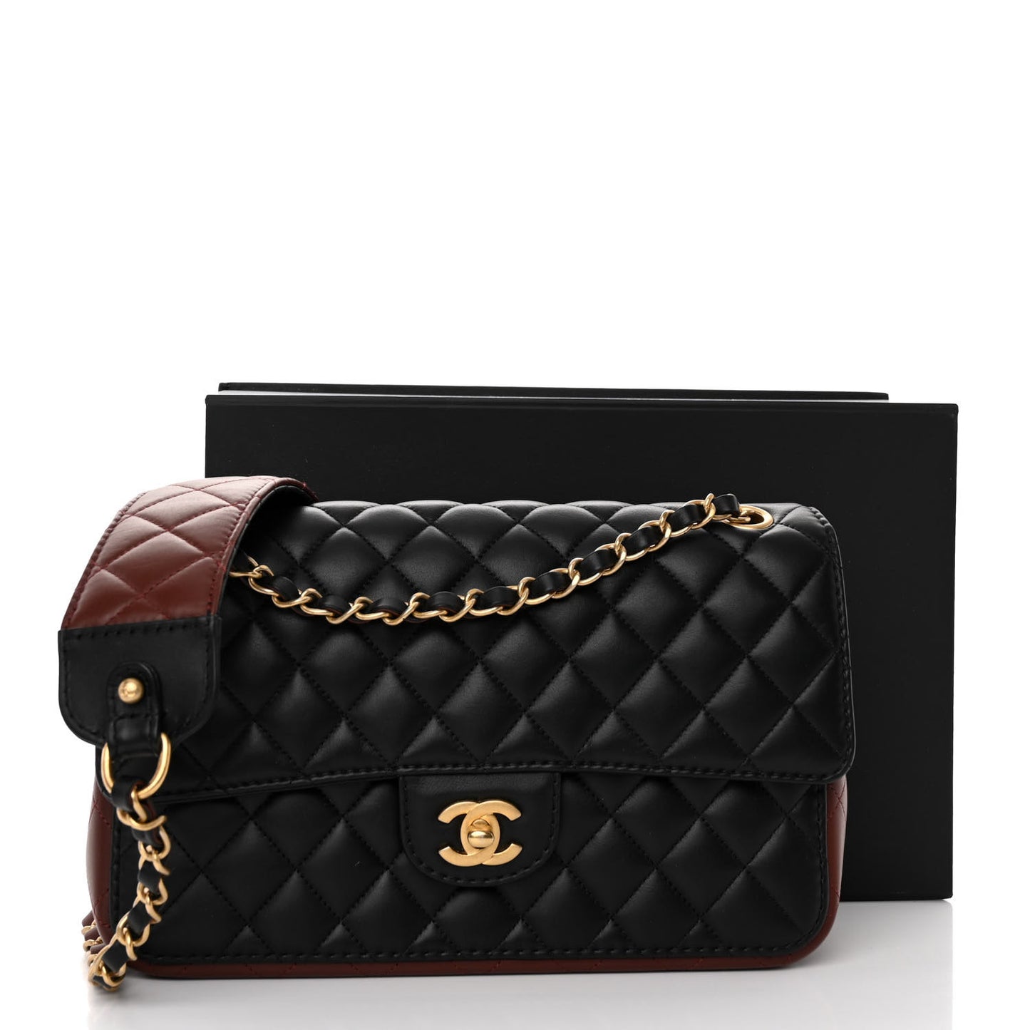 Calfskin Quilted Strap Into Flap Bag Black Brown
