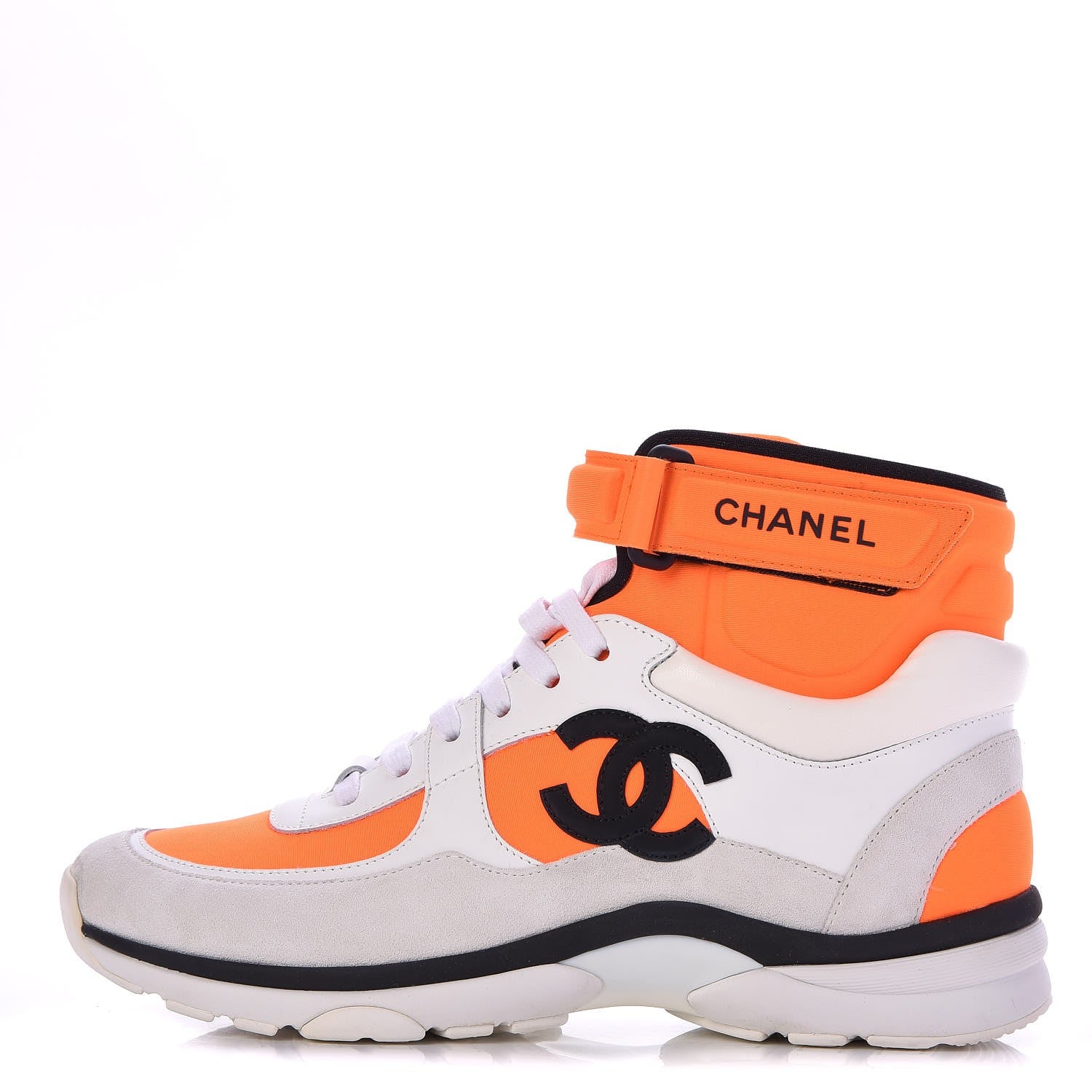 Chanel Suede Calfskin Lambskin Neoprene High Top CC Sneakers 39 White Fluo Orange 1 of 9