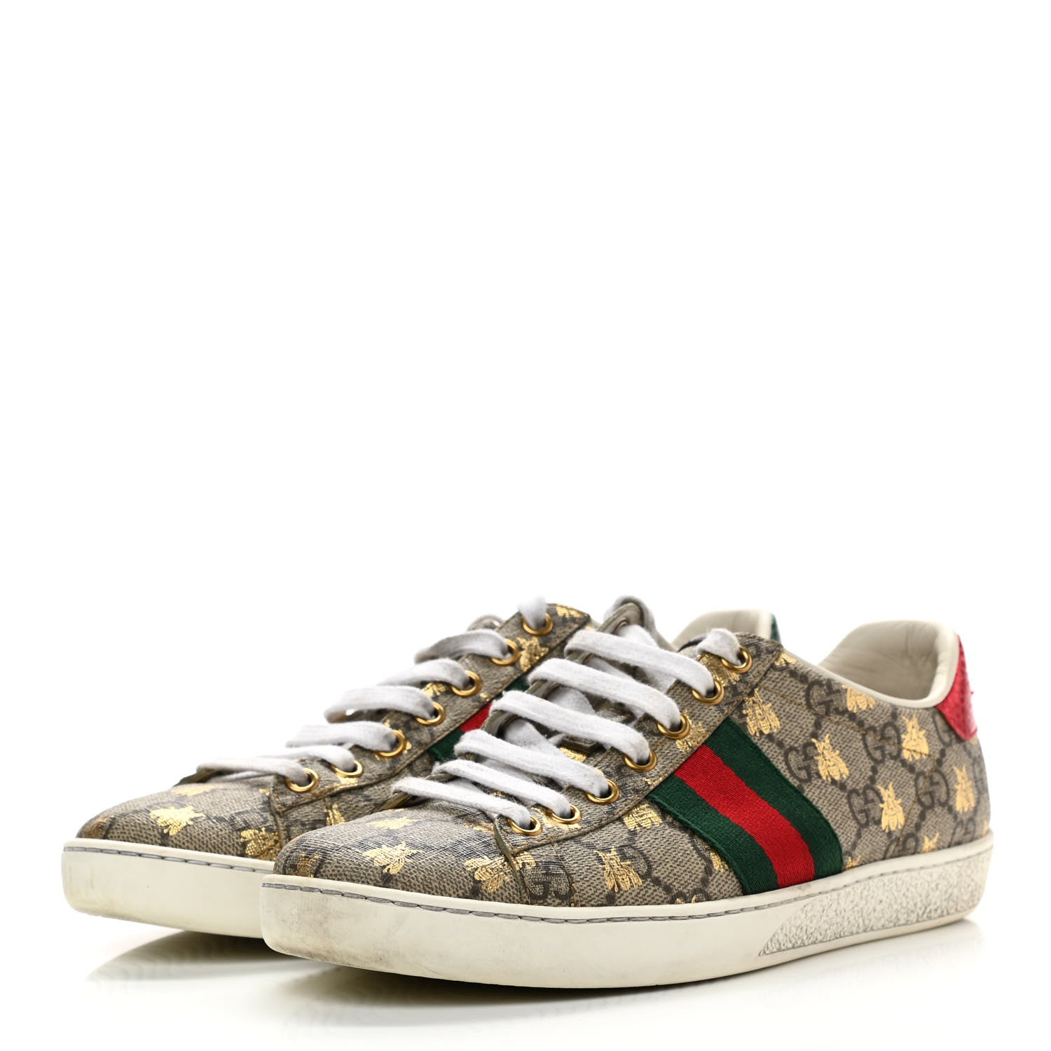 Gucci GG Supreme Monogram Bees Ayers Web Womens Ace Sneakers 35.5 Beige Oro Green Red 3 of 15