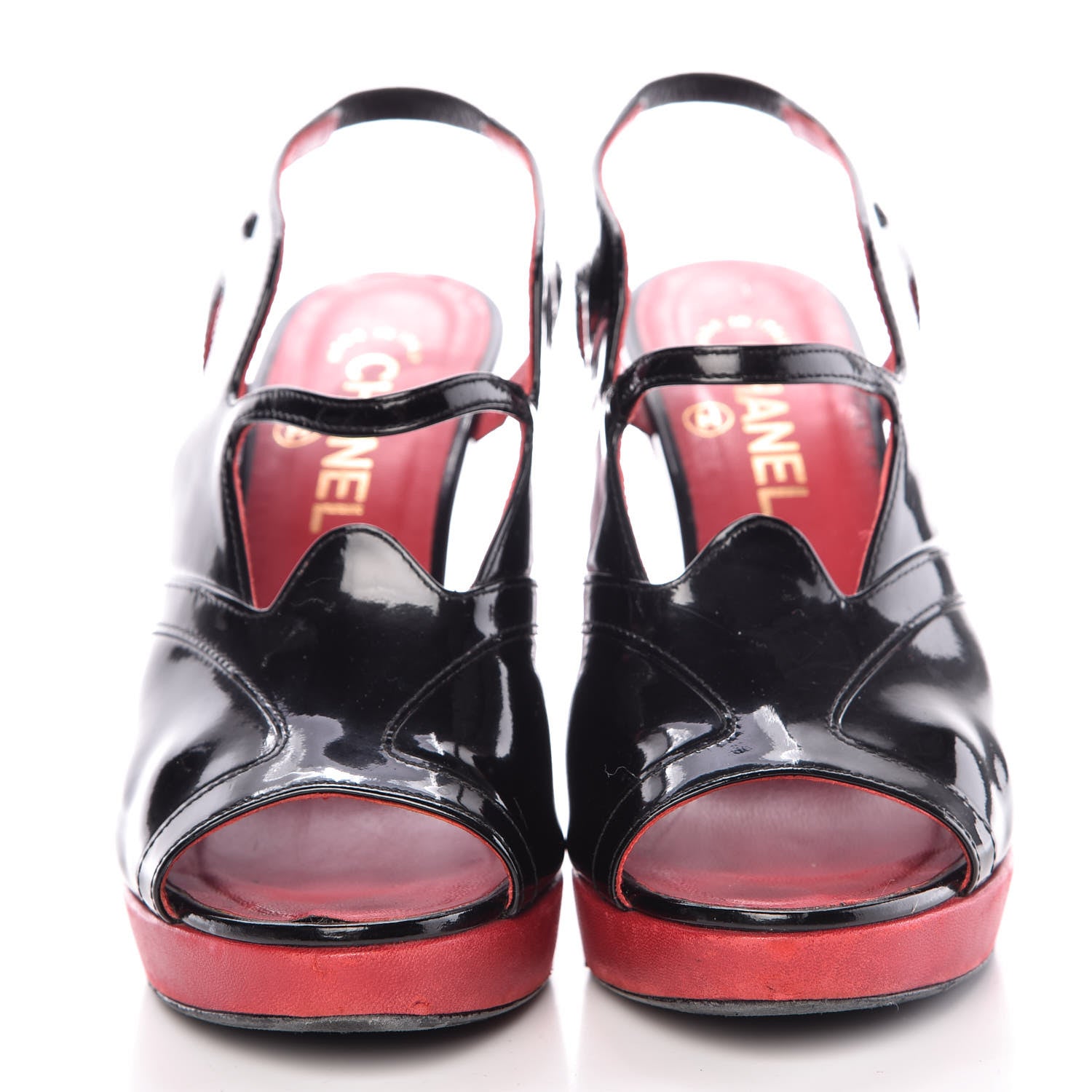Chanel Patent Wedge Sandals 37 Black Red 2 of 19