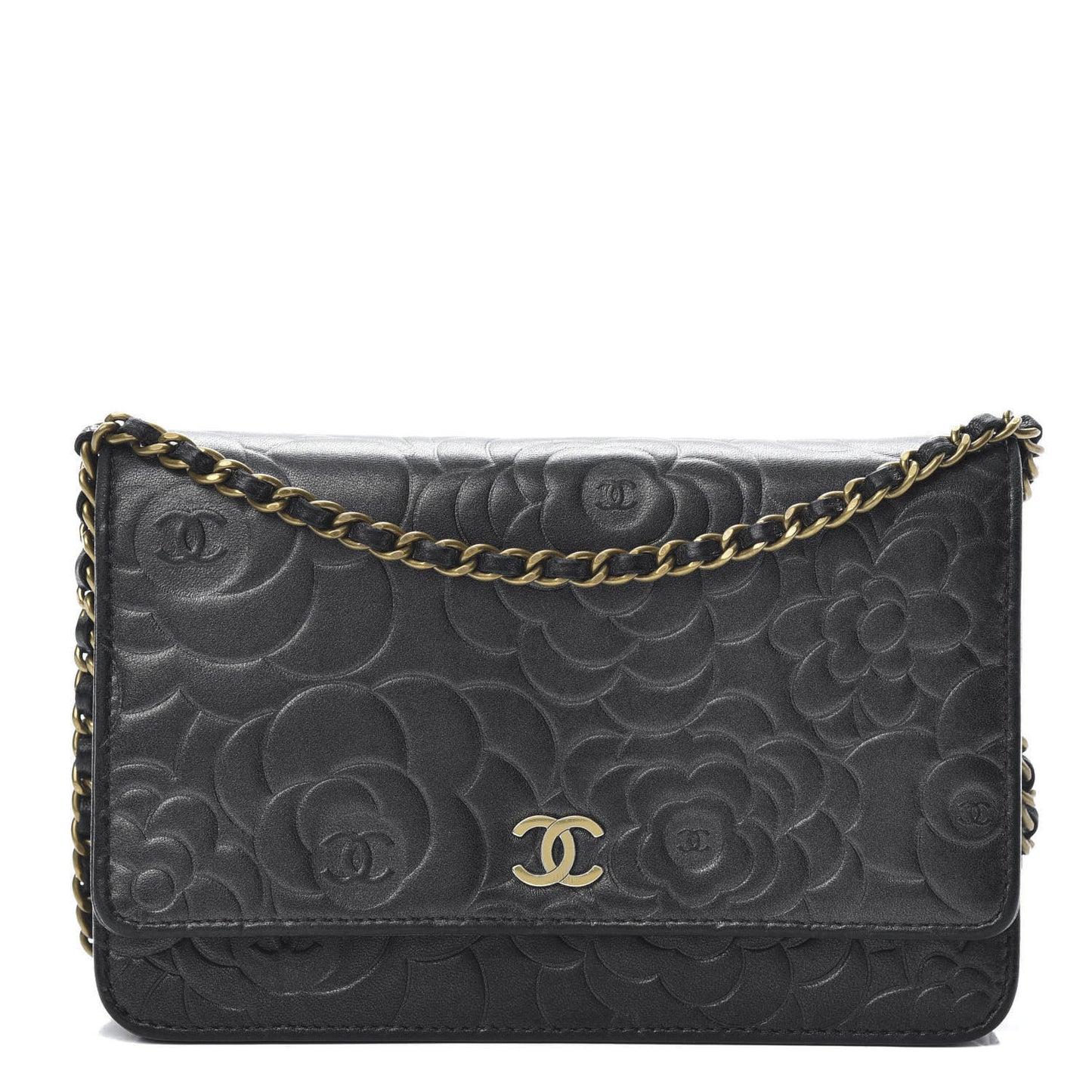 Lambskin Camellia Embossed Wallet on Chain WOC Black