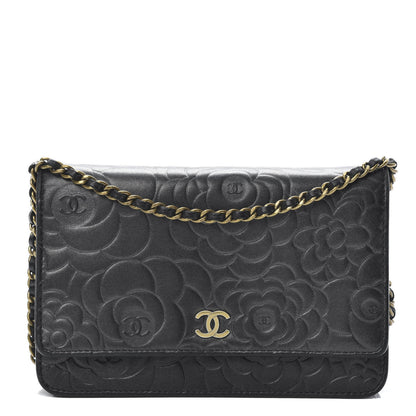 Chanel Lambskin Camellia Embossed Wallet on Chain WOC Black 1 of 15