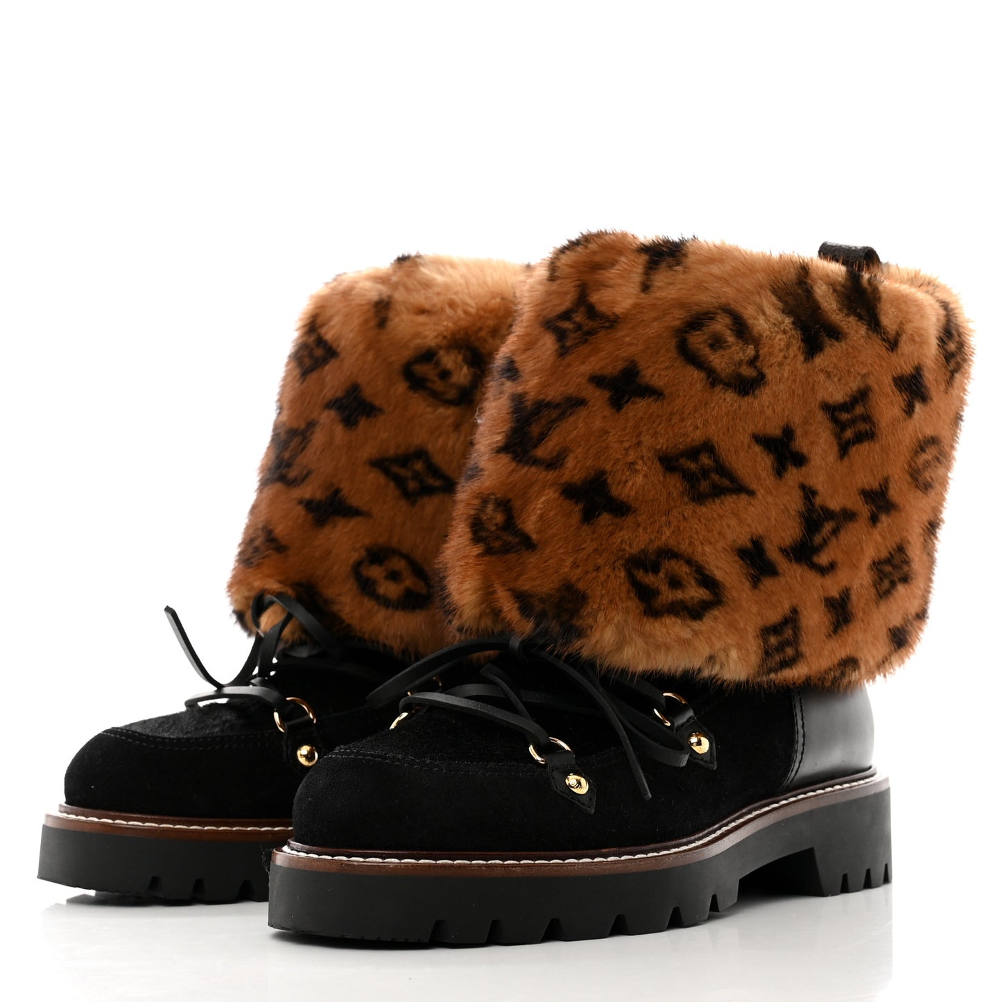 Calfskin Mink Fur LV Territory Ranger Combat Boots 37 Black