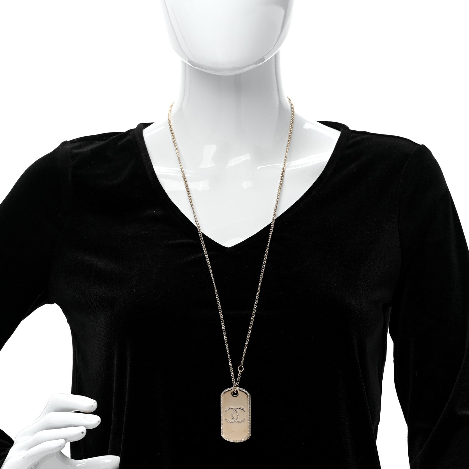 Chanel Metal Crystal Dog Tag Charm Necklace Gold 2 of 6