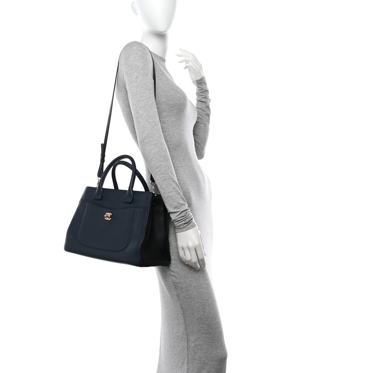 Grained Calfskin Neo Executive Shopper Tote Dark Blue Black