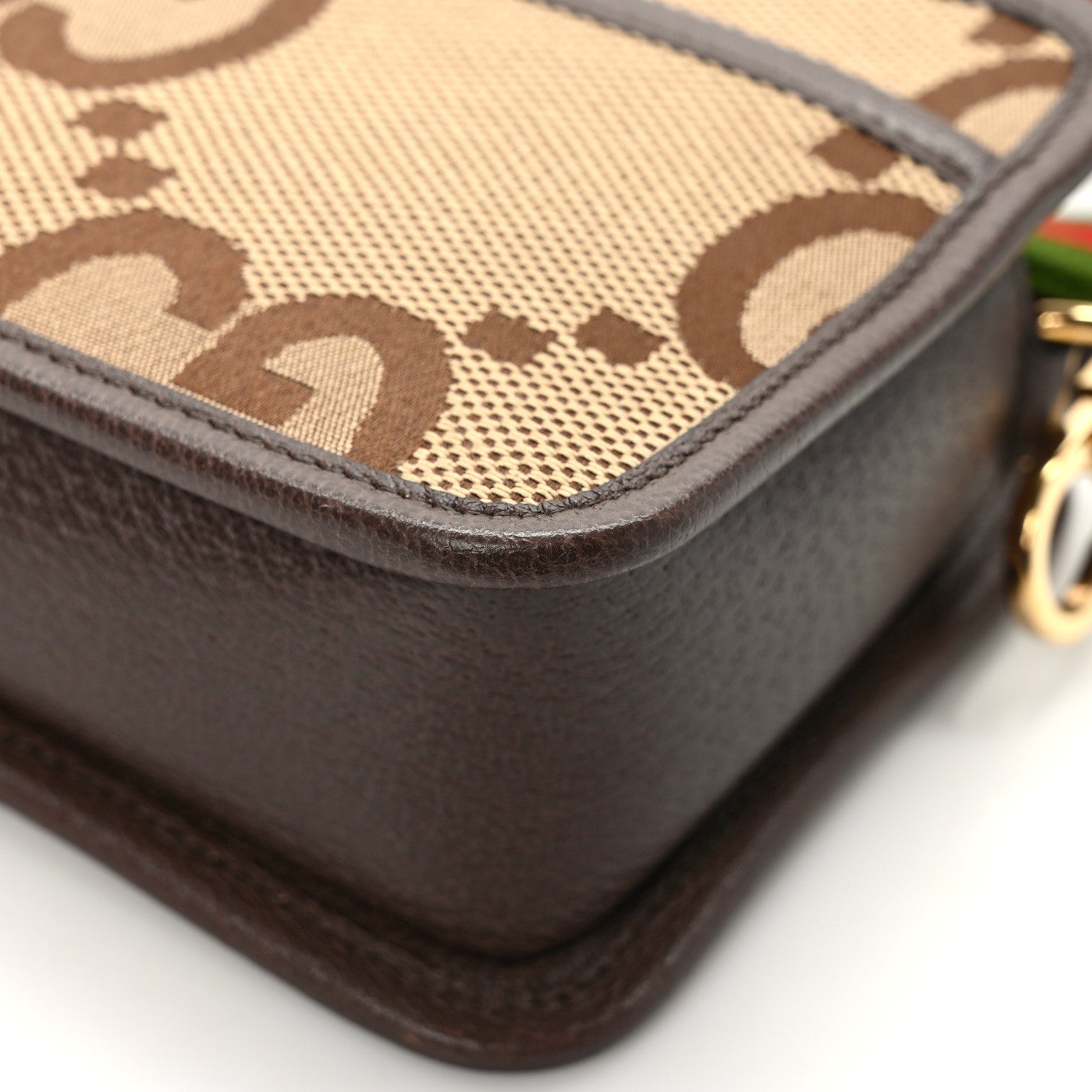 Gucci Monogram Jumbo GG Textured Dollar Calfskin Web Mini Crossbody Bag Camel Ebony New Acero 11 of 16