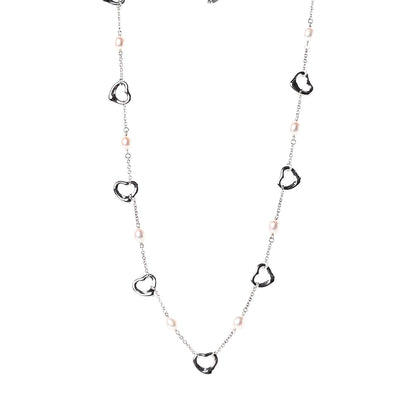 Tiffany Sterling Silver Pearl Open Heart Station Necklace 1 of 4