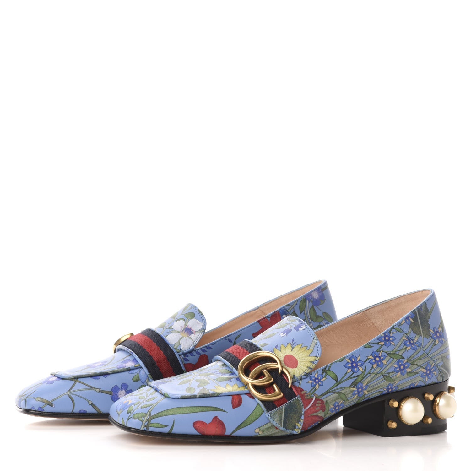 Gucci Apollo Calfskin Web Pearl New Flora Peyton 35mm Loafer Pumps 37 Azure 2 of 9