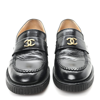 Chanel Shiny Crumpled Calfskin CC Mocassin Loafers 38.5 Black 3 of 11