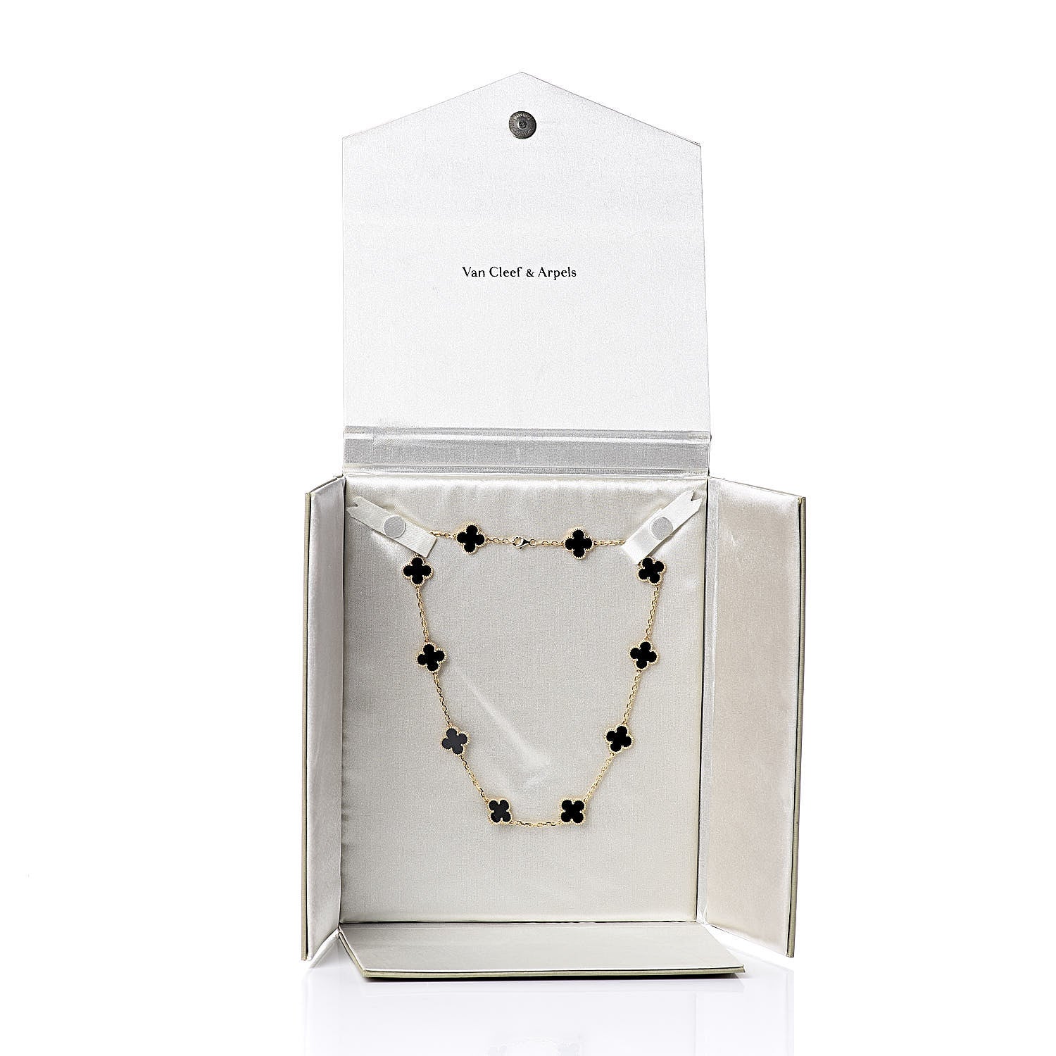 Van Cleef & Arpels 18K Yellow Gold Black Onyx 10 Motifs Vintage Alhambra Necklace 6 of 6