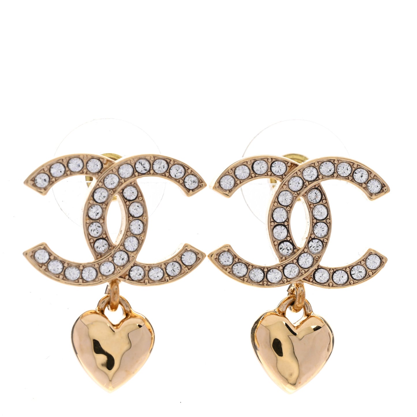Metal Crystal CC Heart Drop Earrings Gold