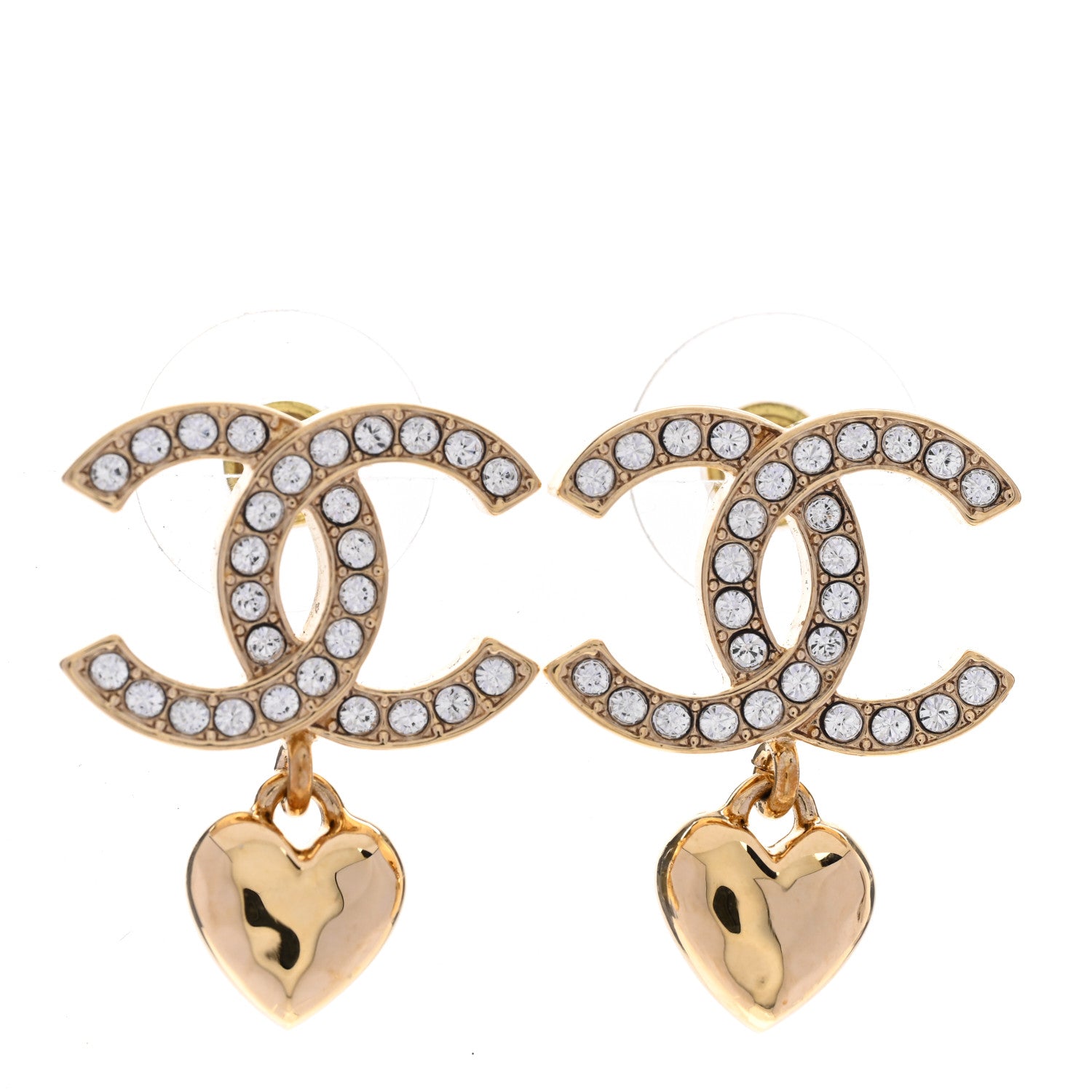 Chanel Metal Crystal CC Heart Drop Earrings Gold 1 of 5
