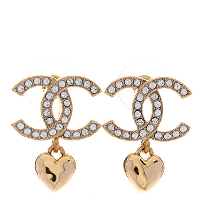 Chanel Metal Crystal CC Heart Drop Earrings Gold 1 of 5