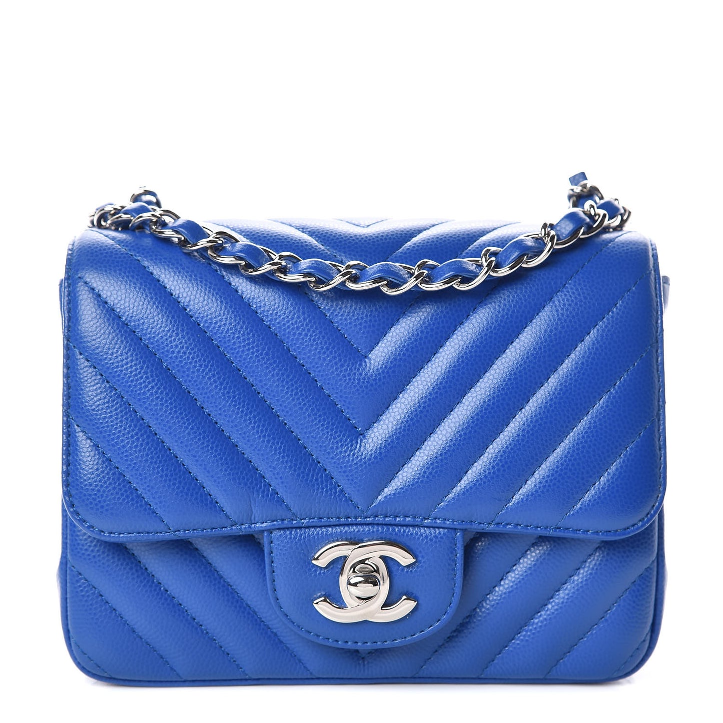 Caviar Chevron Quilted Mini Square Flap Blue