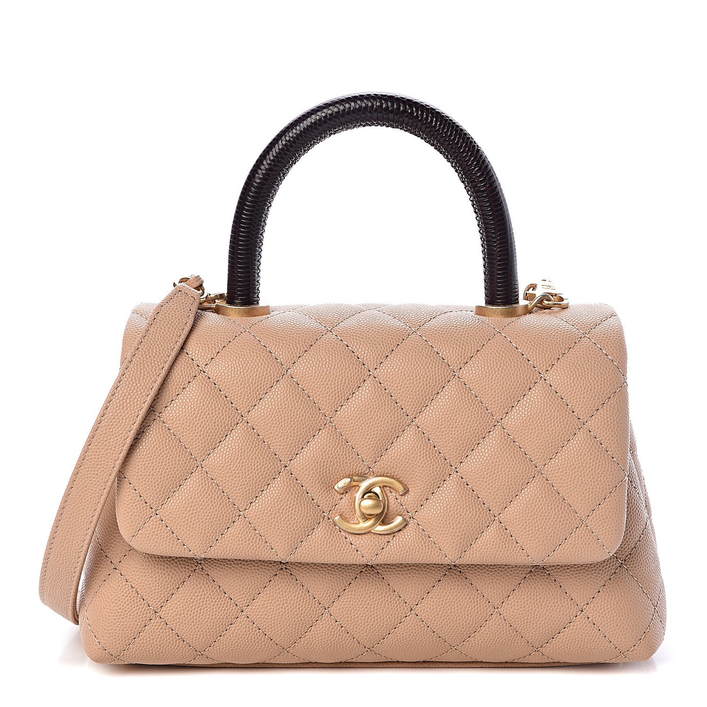 Caviar Lizard Embossed Quilted Mini Coco Handle Flap Beige