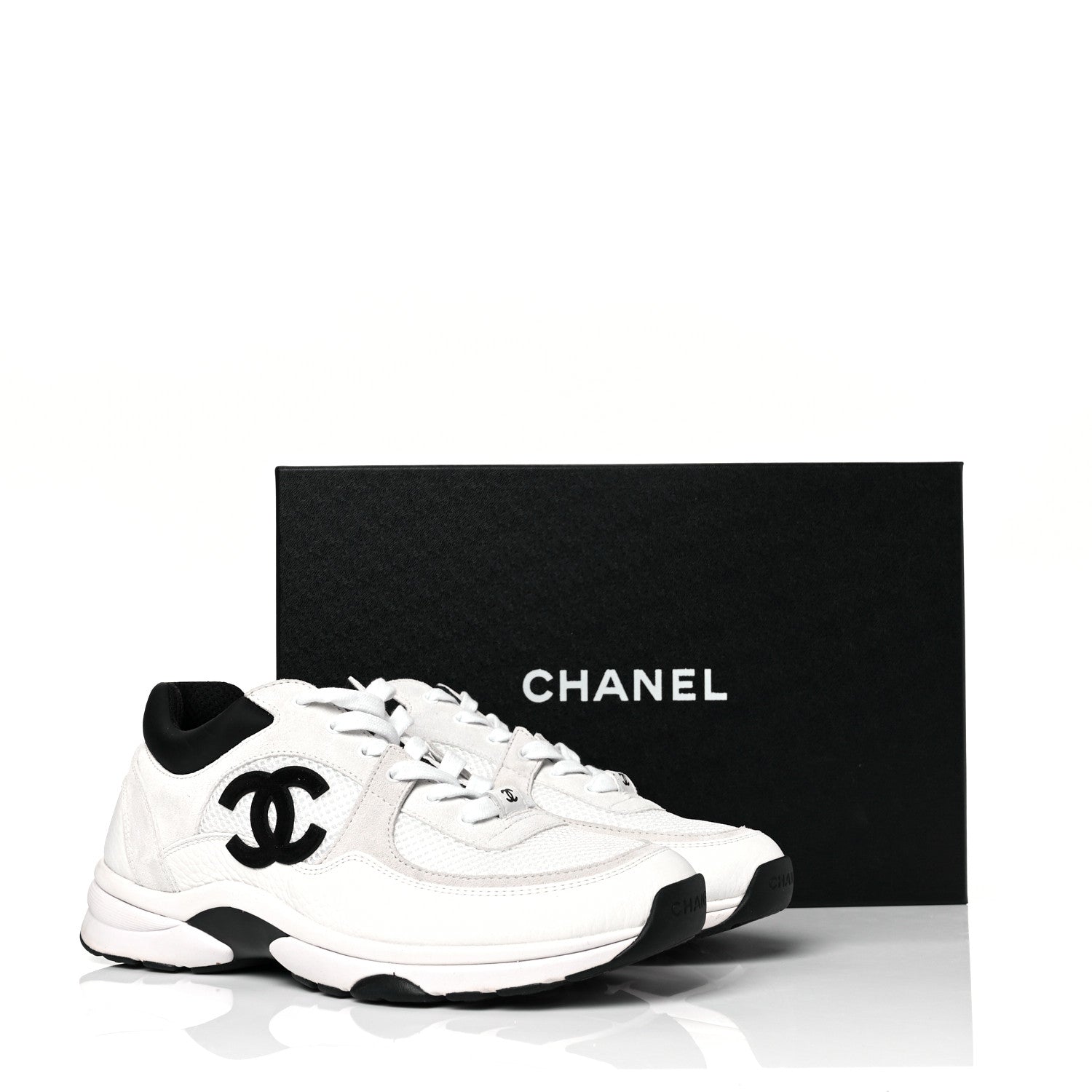 Chanel Mesh Suede Calfskin Grained Calfskin Womens CC Sneakers 39.5 White Black 8 of 8