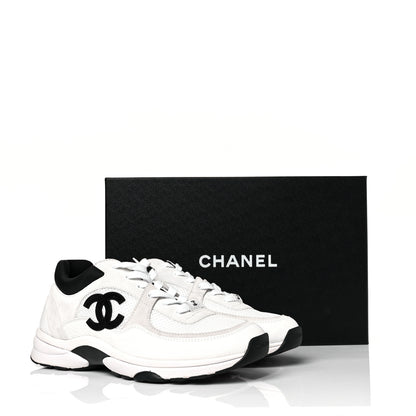 Chanel Mesh Suede Calfskin Grained Calfskin Womens CC Sneakers 39.5 White Black 8 of 8