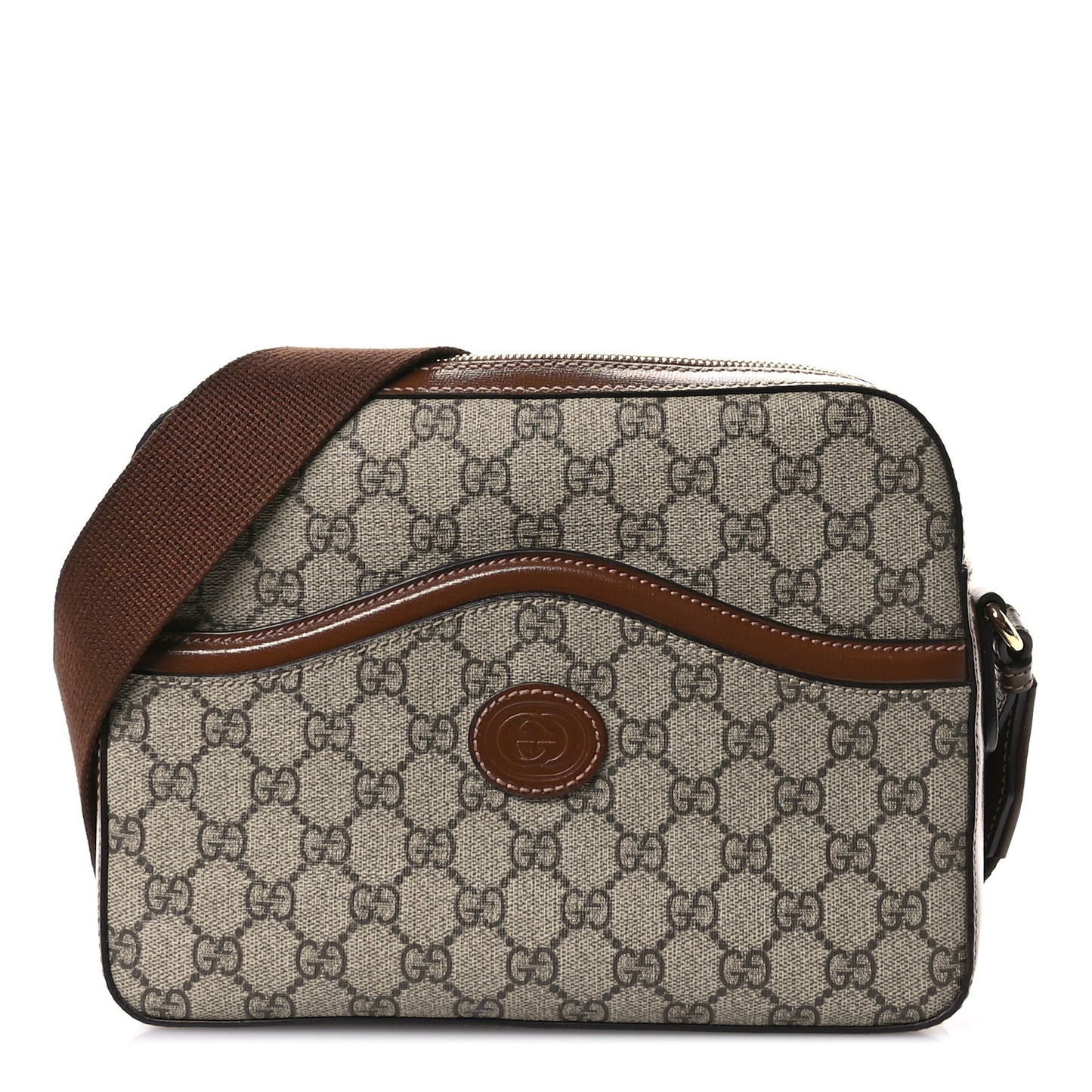 GG Supreme Monogram Azalea Calfskin Retro Interlocking G Messenger Shoulder Bag Beige Ebony Brown Sugar