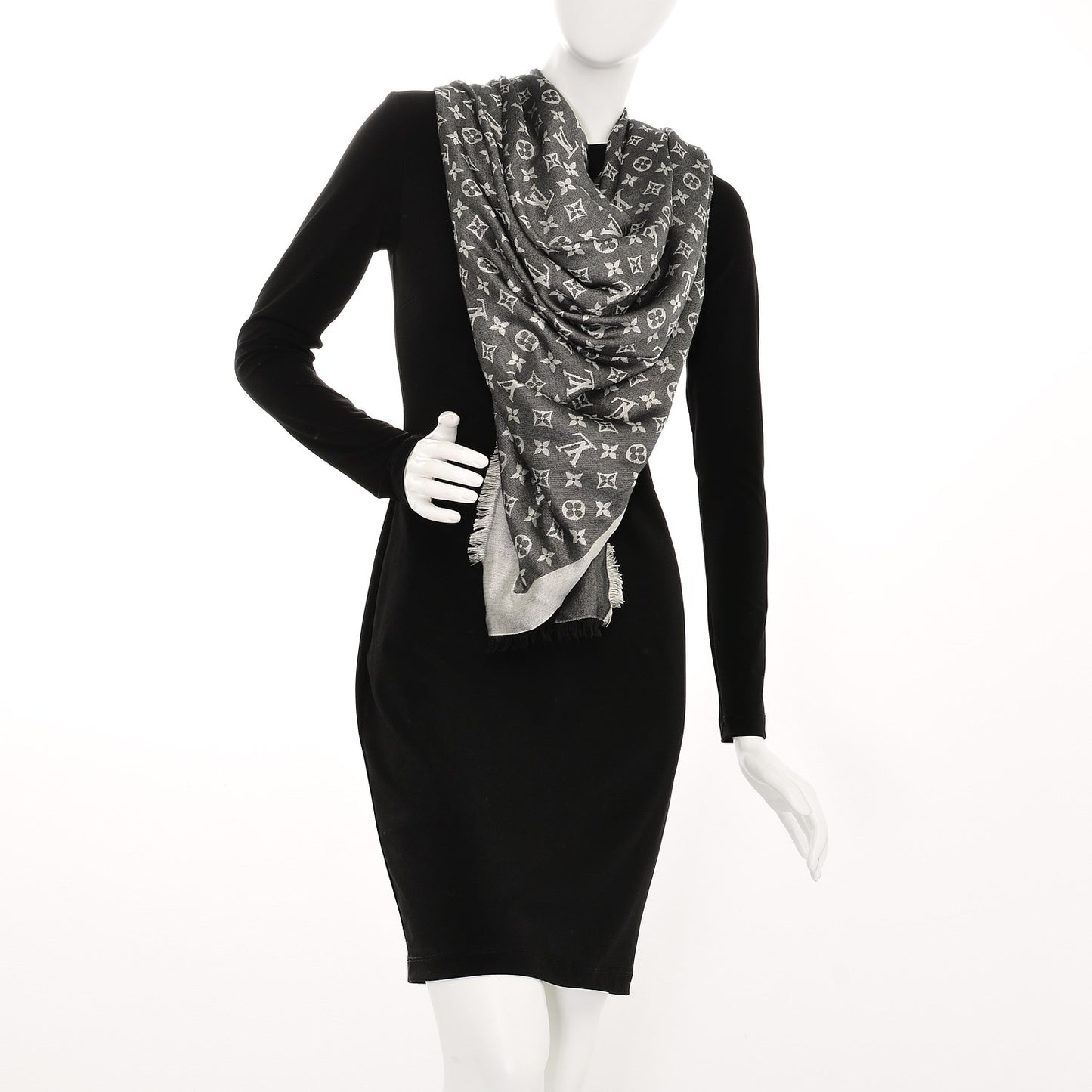 Wool Silk Monogram Denim Shawl Black