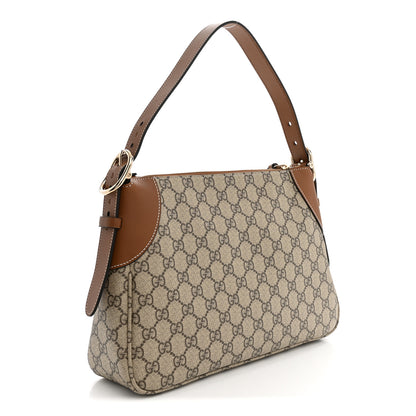 Gucci GG Supreme Monogram Textured Calfskin Medium Emblem Shoulder Bag Beige Dark Brown 3 of 10