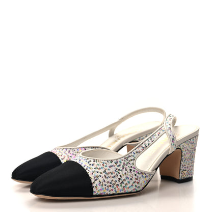 Chanel Tweed Lambskin Sequin Cap Toe CC Slingback Pumps 36.5 White Black Multicolor 3 of 9